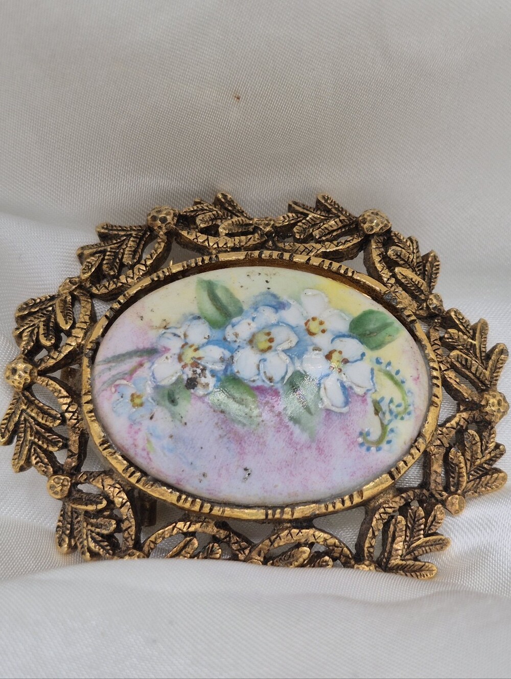 D.B. Clarke, California 1971 GoldT Floral Porcelain Pendant Brooch - 2" x 2.5"